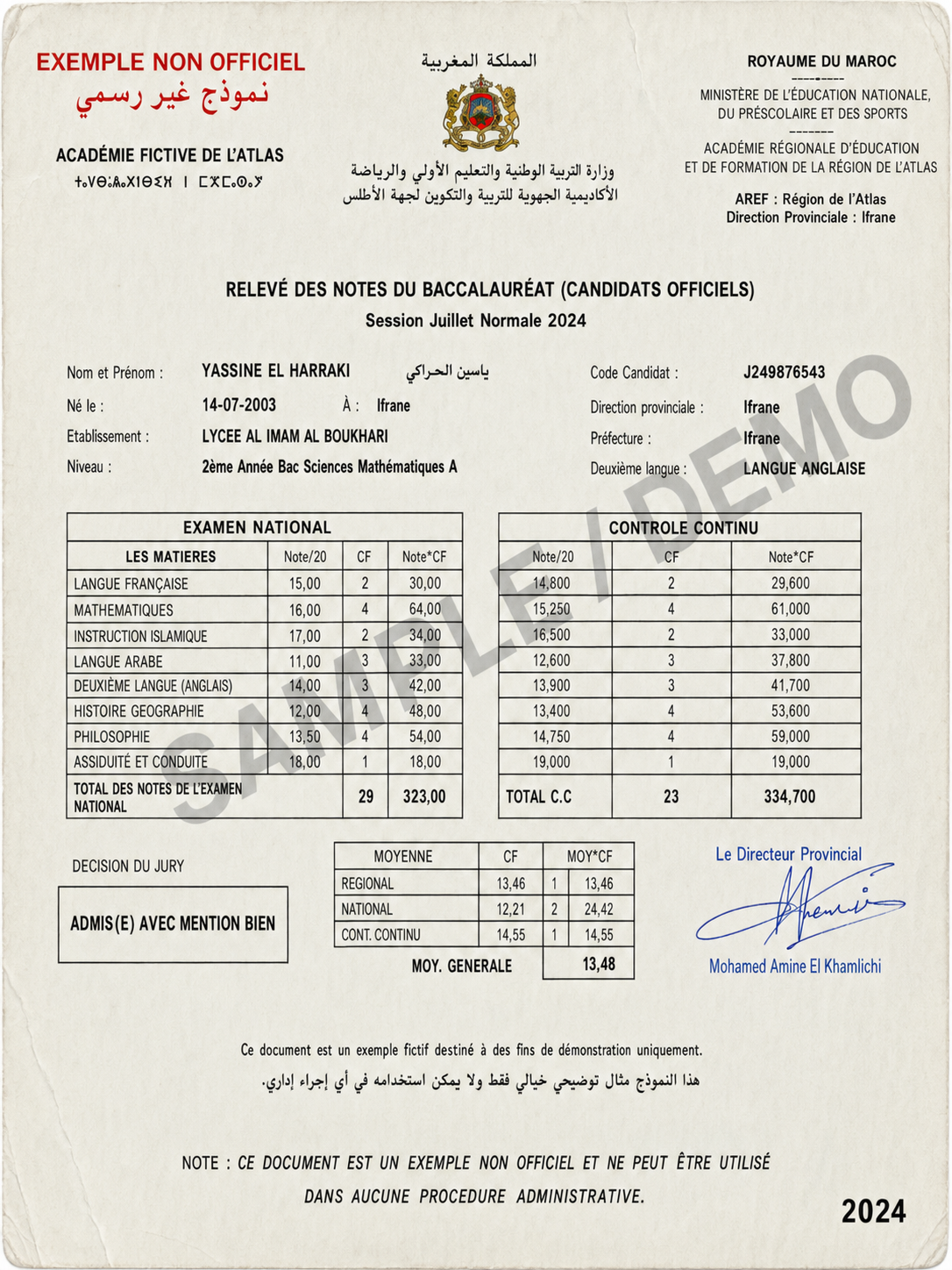 Baccalaureate transcript example